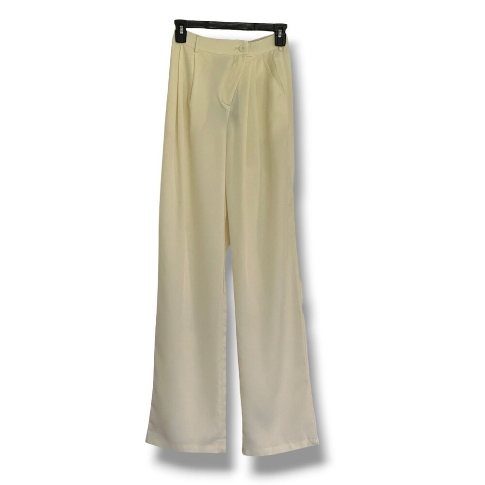 PrettyLittleThing Wide Leg Cream Trousers Asymmetric Waistband Semi Sheer 4 NWT